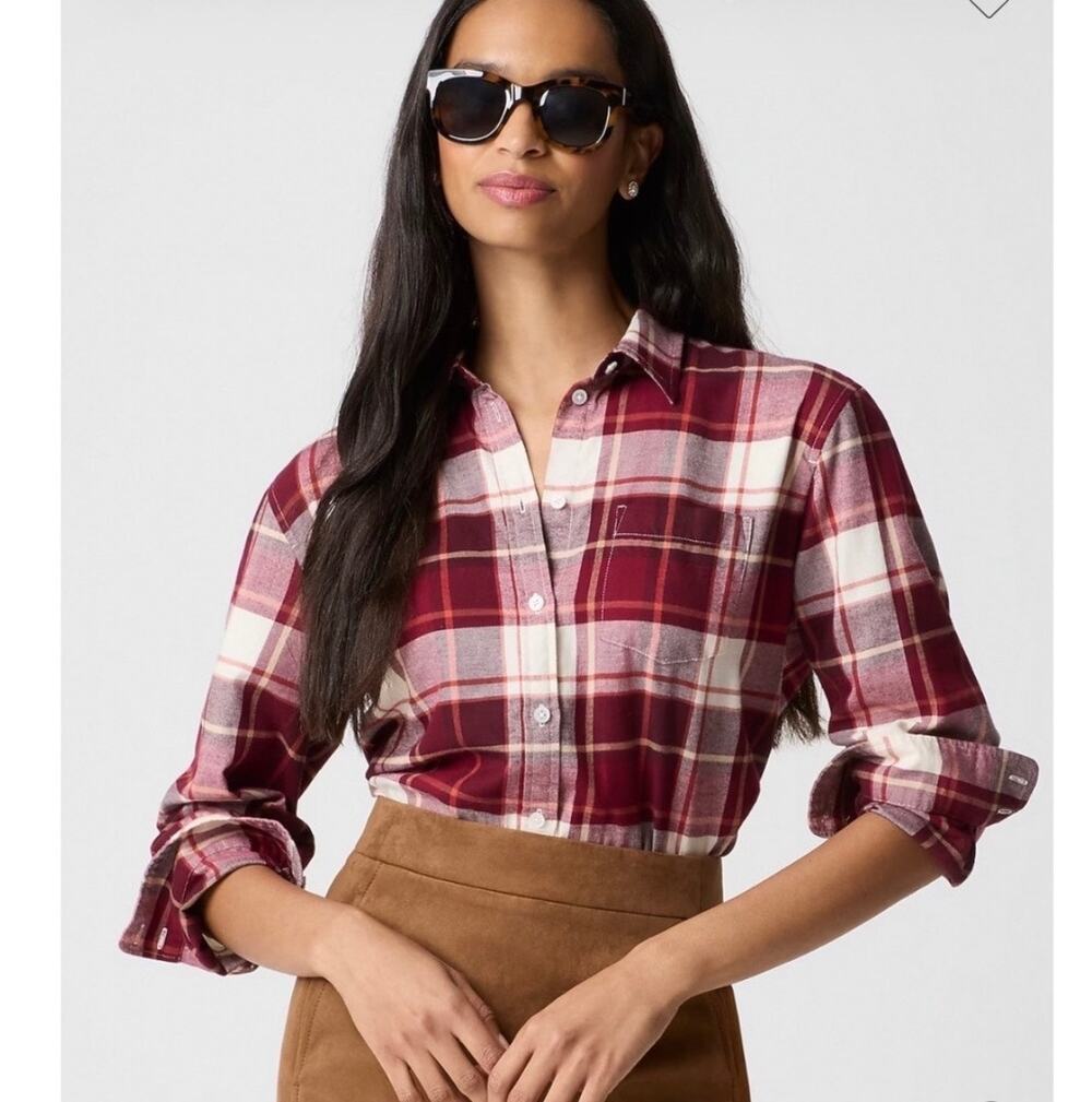 J. Crew Women Flannel Plaid Button Down Small Shirt Burgundy Ivory NWT J Crew